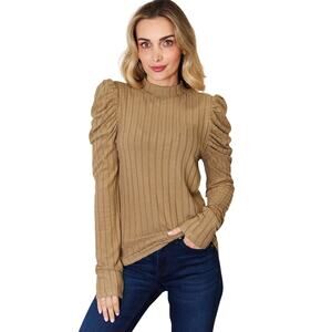 BASIC BAE Khaki Ribbed Mock Turtleneck Puff Sleeve Stretchy Top NEW 2X3X